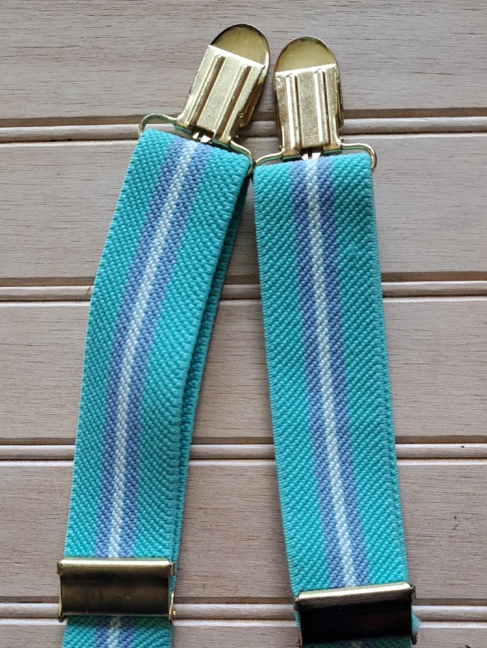 Vintage Infant Boy Elastic Suspenders Aqua Blue Striped Clip-On Braces Formal